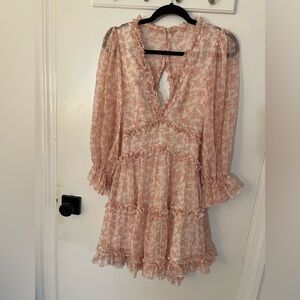 Saints + Secrets v-neck open back chiffon ruffle floral long sleeve mini dress